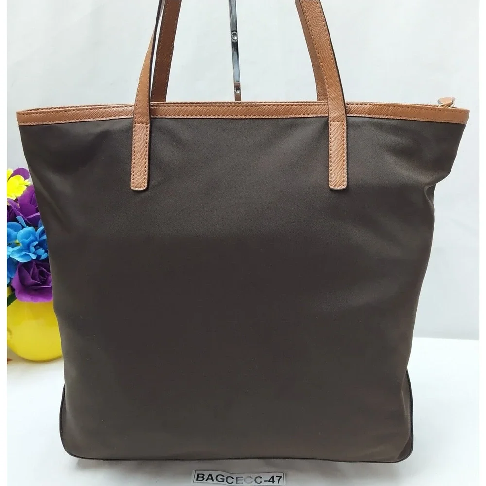 Michael Kors Brown Nylon Leather Trim Double Handles Tote Shoulder Bag